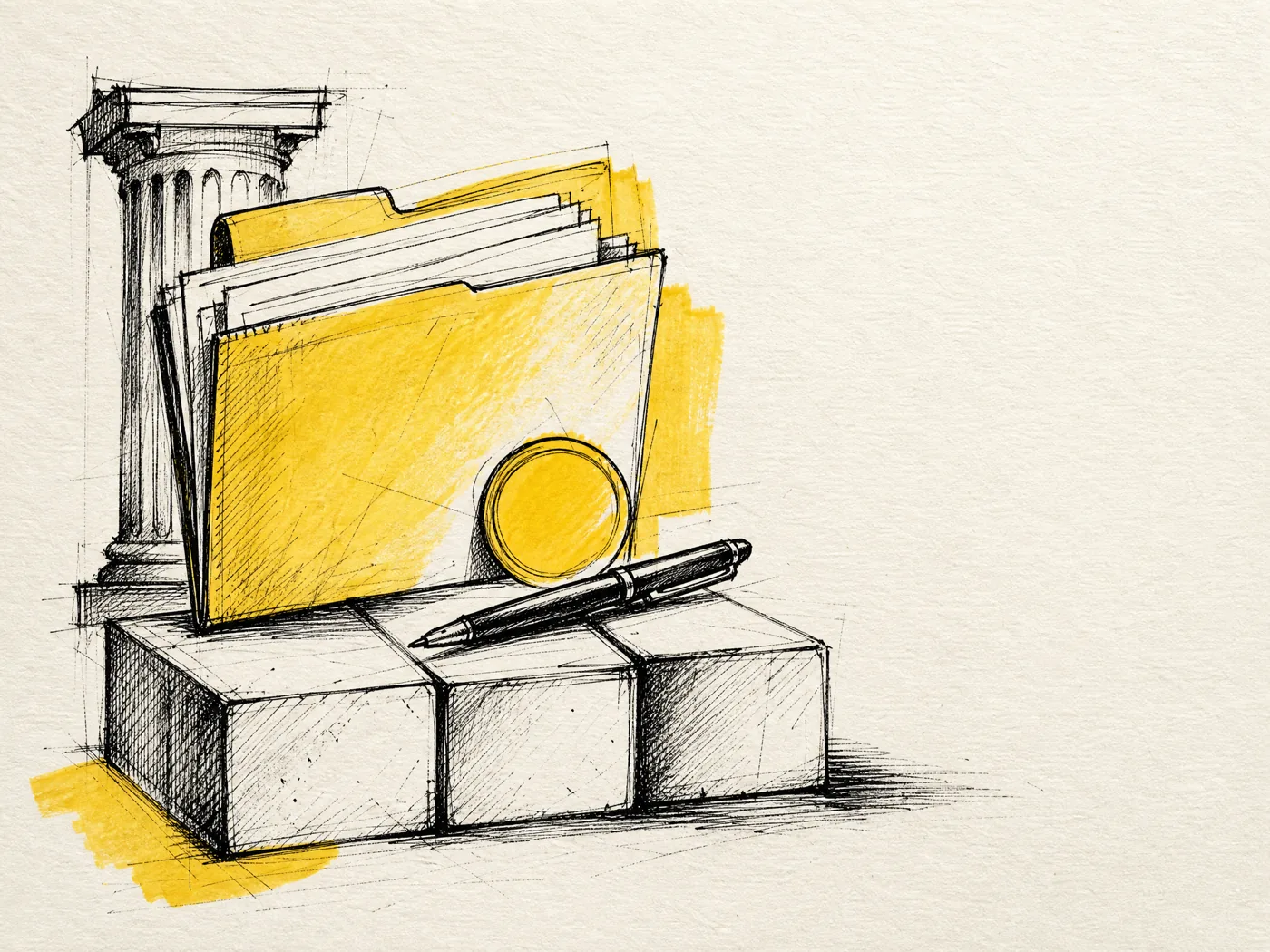 Ilustración manual de una carpeta corporativa, una pluma y una base estructural
