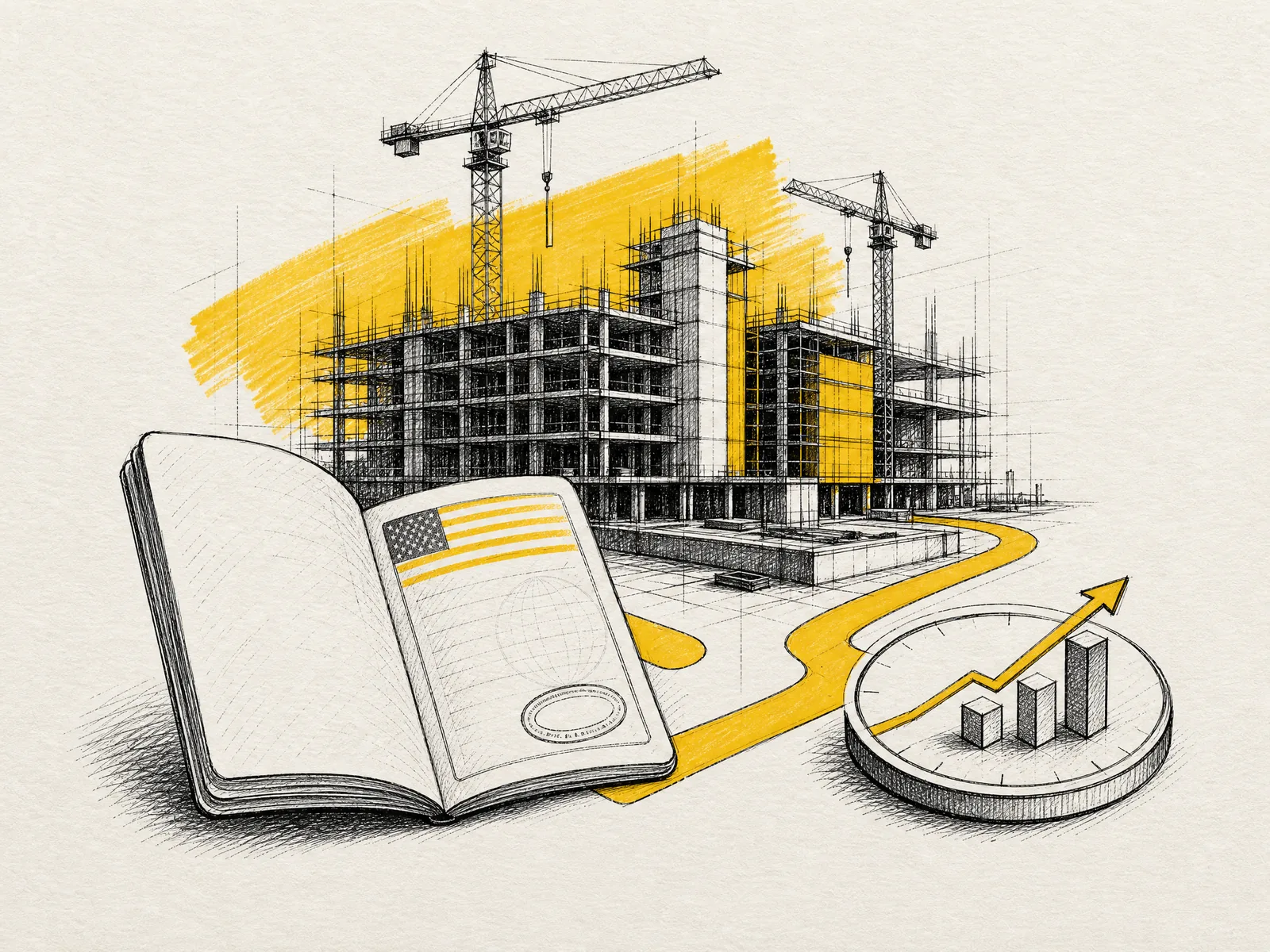Ilustración manual de un pasaporte con visa estadounidense, una obra inmobiliaria en construcción y un indicador de rendimiento potencial